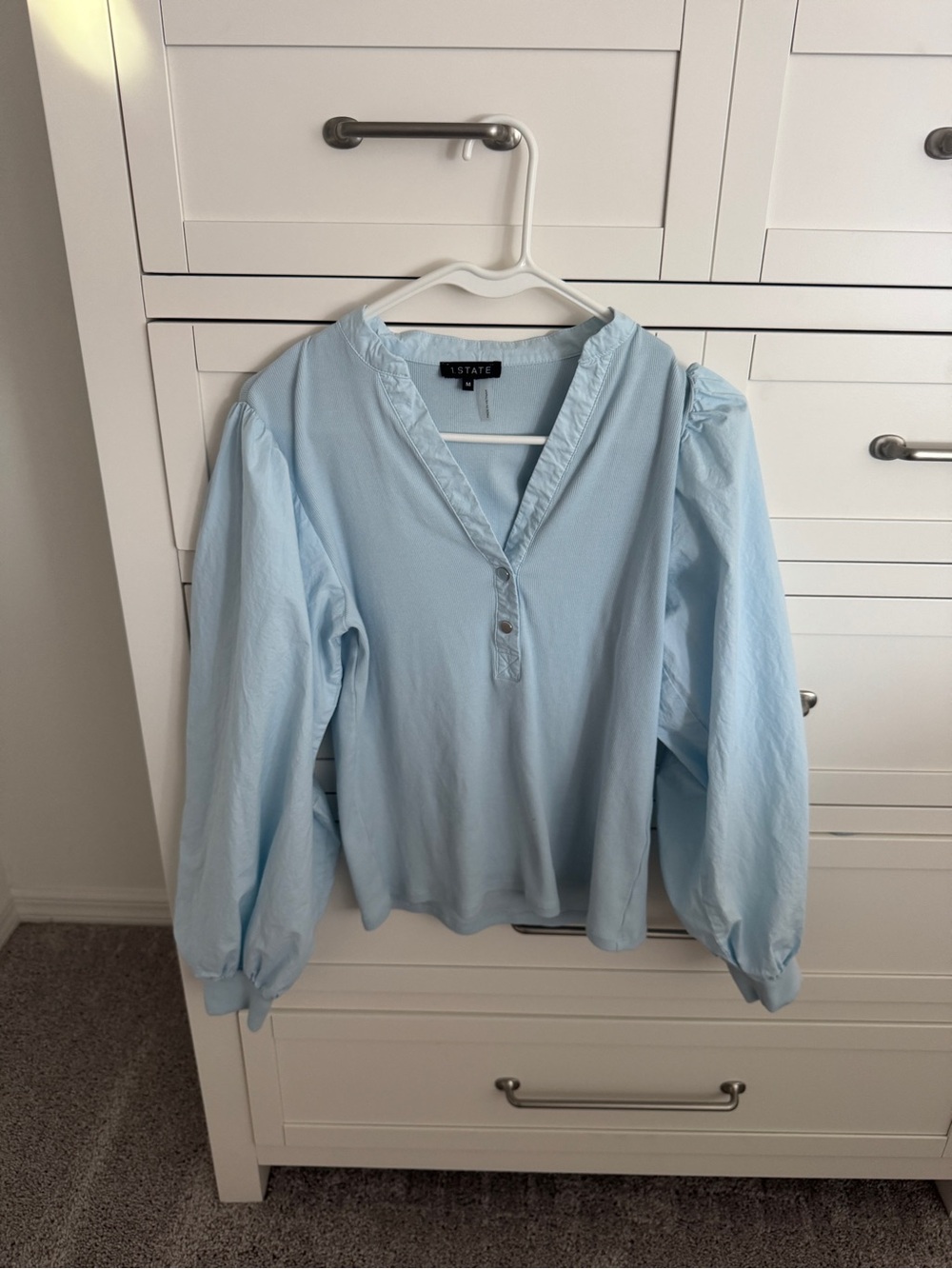 1. State Powder Blue V-Neck Puff Sleeve Blouse